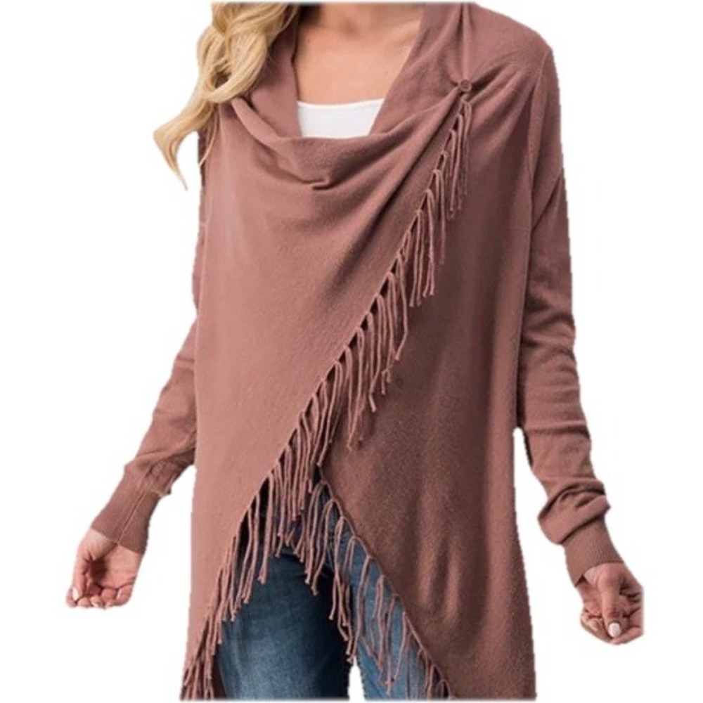 Lovestitch Sweater Sz Sm knit Cardigan Fringe Boho Neutral Asymmetric Mauve